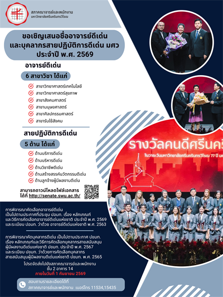 ขอเชิญเสนอชื่ออาจารย์ดีเด่น และบุคลากรสายปฏิบัติการดีเด่น มศว ประจําปี พ.ศ. 2569